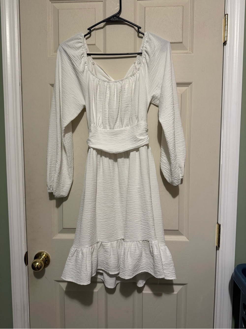 White Smocked Waist Long Sleeve Dress - Size S